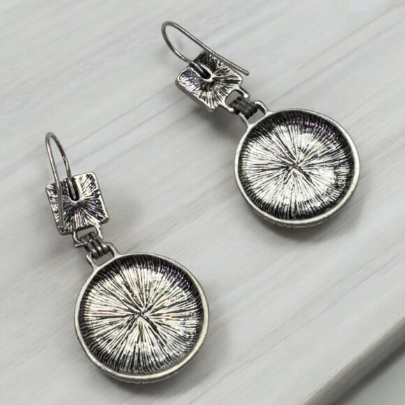 Silver Tone Dangling Pierced Earrings Glass Round Stone Vanilla Colour - Picture 2 of 3